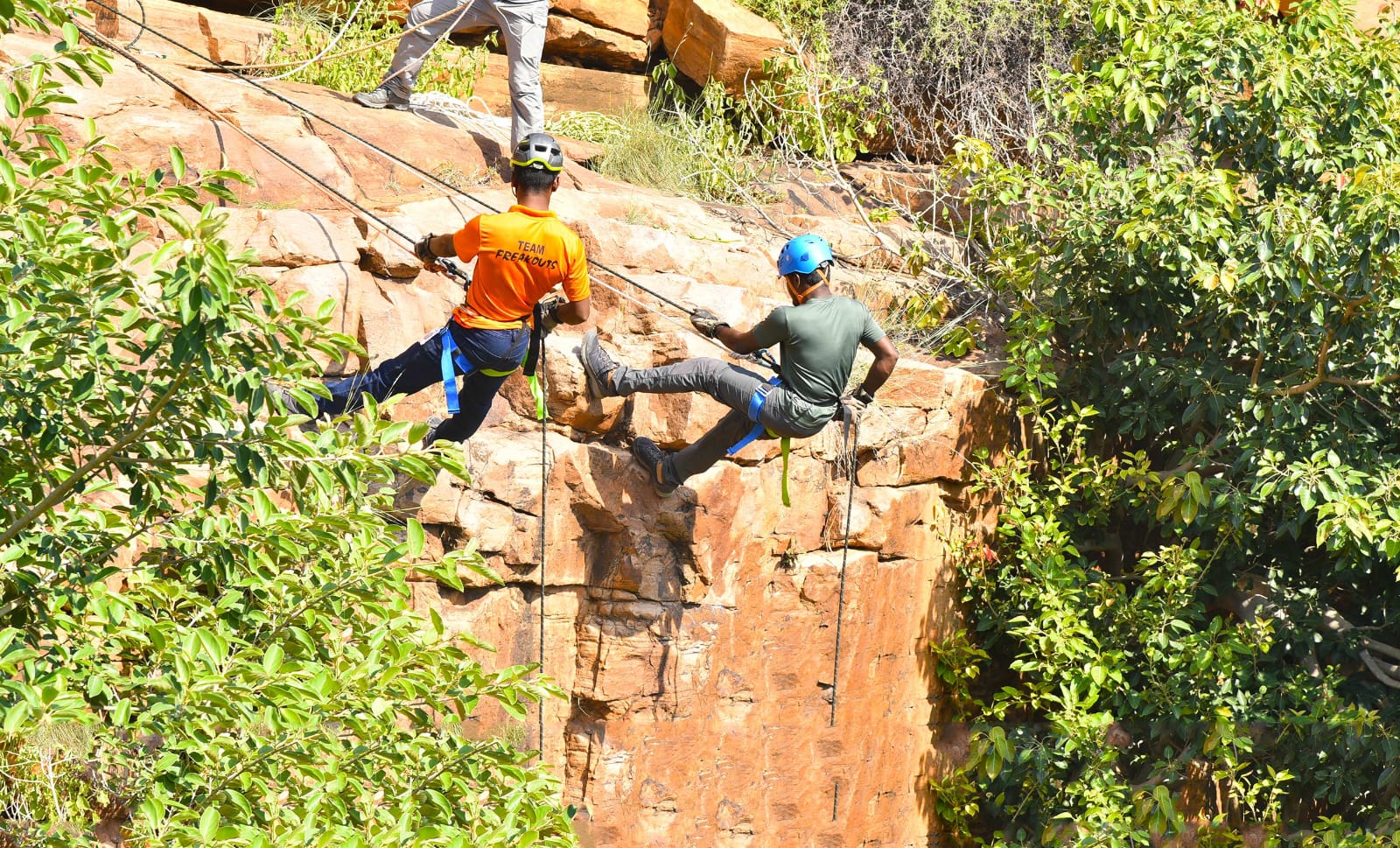 Rappelling down rocky surfaces at Gandikota